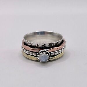 Natural Round Moonstone Three Tone Spinner Ring 925 Sterling Silver